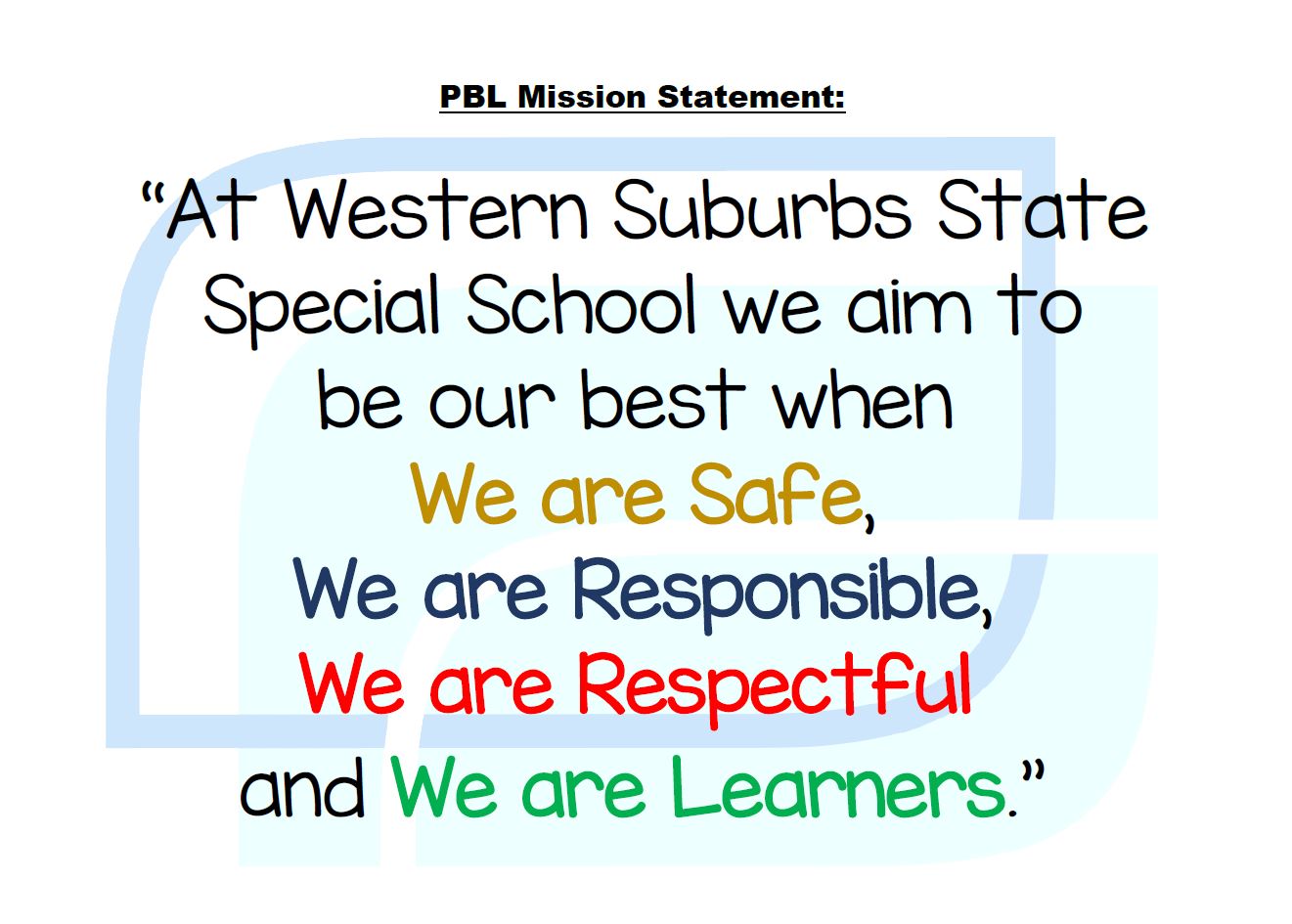At Western Suburbs State Special School, we aim to be our best when we are safe, responsible, respectful and learners
