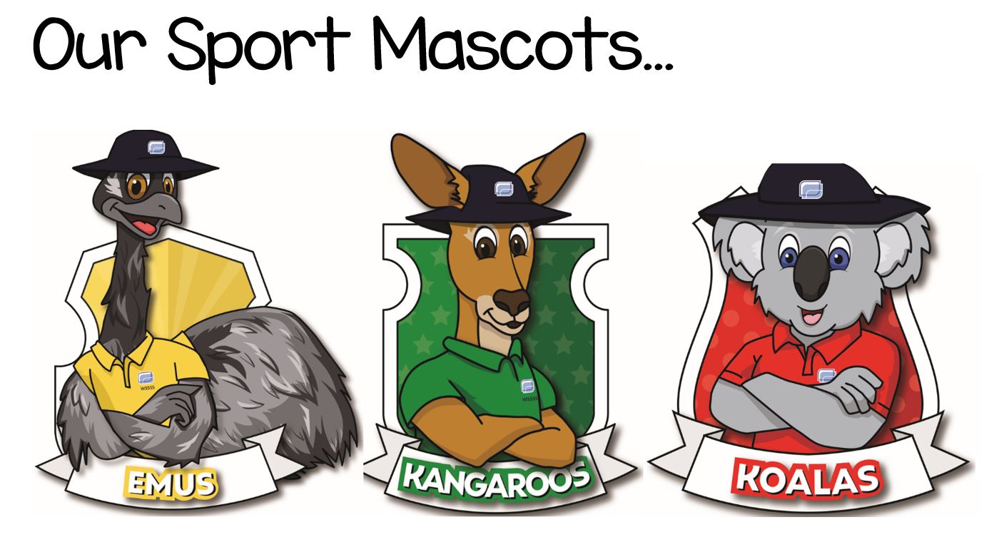 Illustration of our school sports mascots an emu, kangaroo and koala